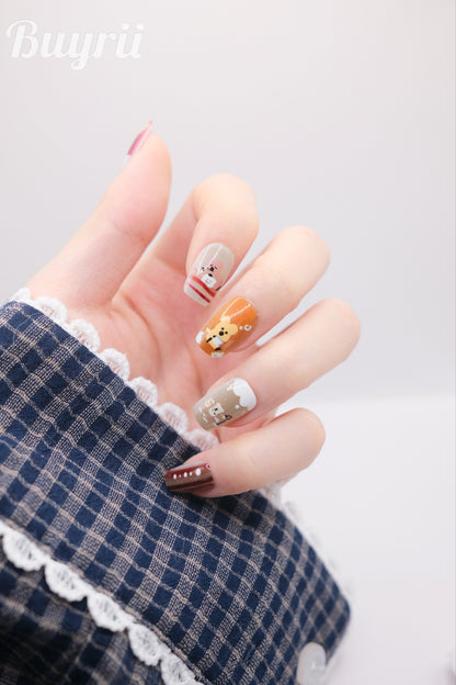 Short Coffin Brown Caramel Cute Puppy Press On Nails
