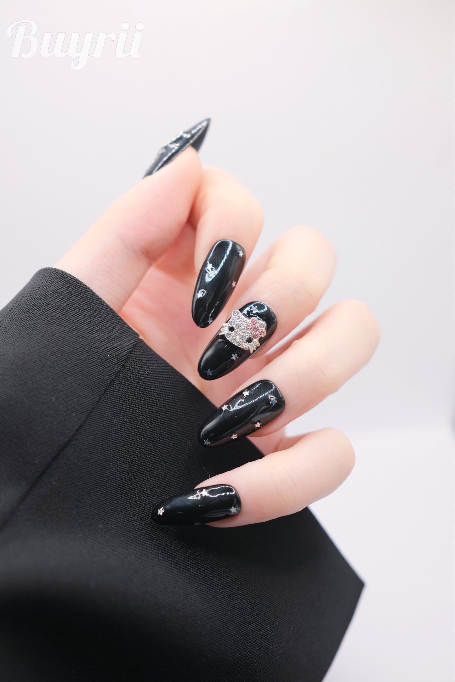 Long Oval White & Black Hello Kitty Diamond Accessories Press On Nails
