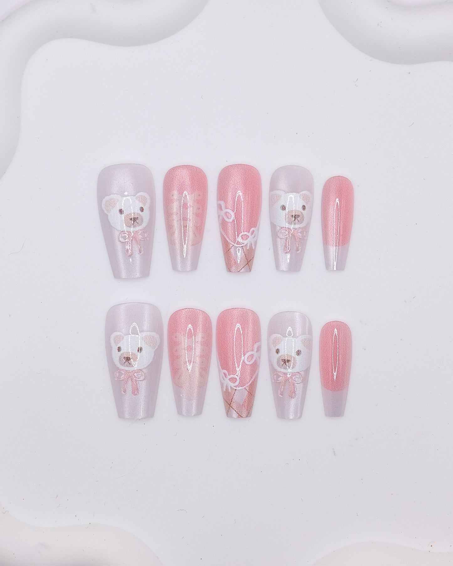 Long Coffin 3D Pink Pearl Bear Bow Press On Nails