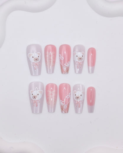 Long Coffin 3D Pink Pearl Bear Bow Press On Nails