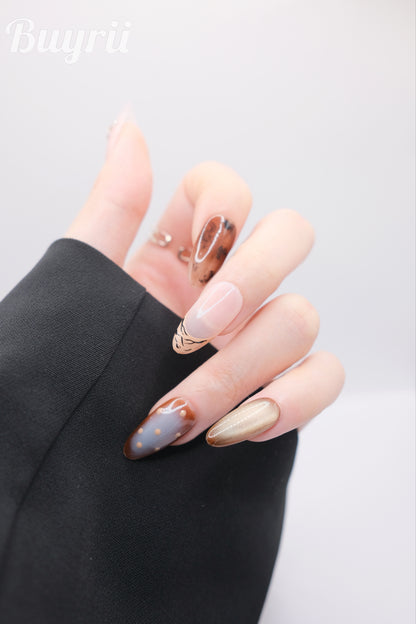 Long Almond Brown With Nude Crossed Diamond Press On Nails