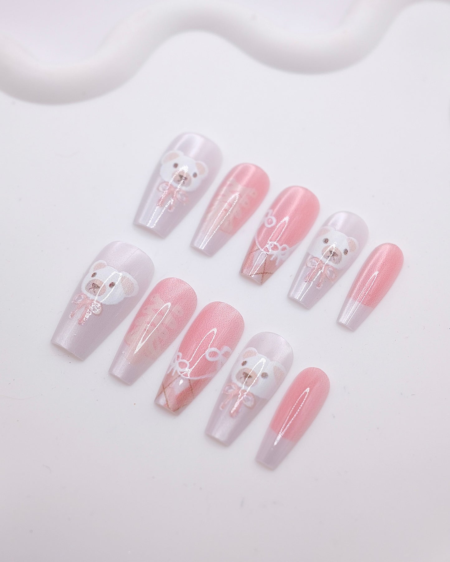 Long Coffin 3D Pink Pearl Bear Bow Press On Nails