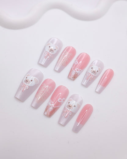 Long Coffin 3D Pink Pearl Bear Bow Press On Nails