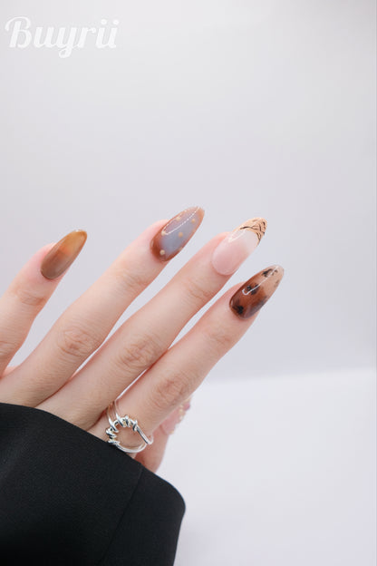 Long Almond Brown With Nude Crossed Diamond Press On Nails