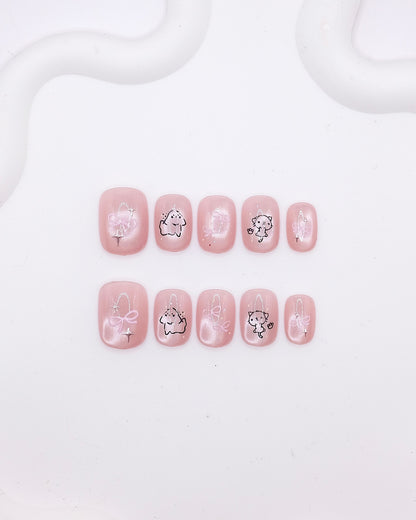 Short Rounded Pink Pearl Cat Bow Line Art Press On Nails