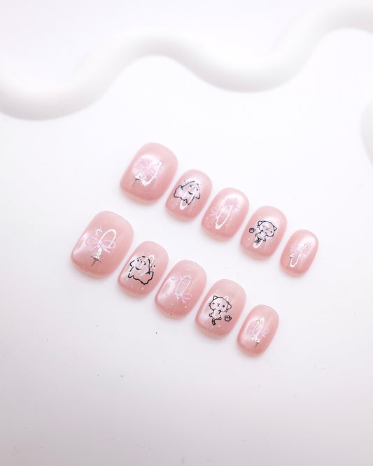 Short Rounded Pink Pearl Cat Bow Line Art Press On Nails