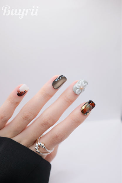 Short Coffin Brown Cateye Embossed Flower Press On Nails