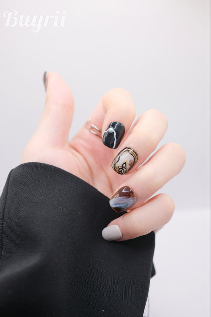 Short Rounded Pearl Like Brown Winter Season Press On Nails