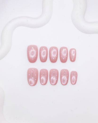 Mid-Long Oval Pink Pearl Polka Dot Press On Nails
