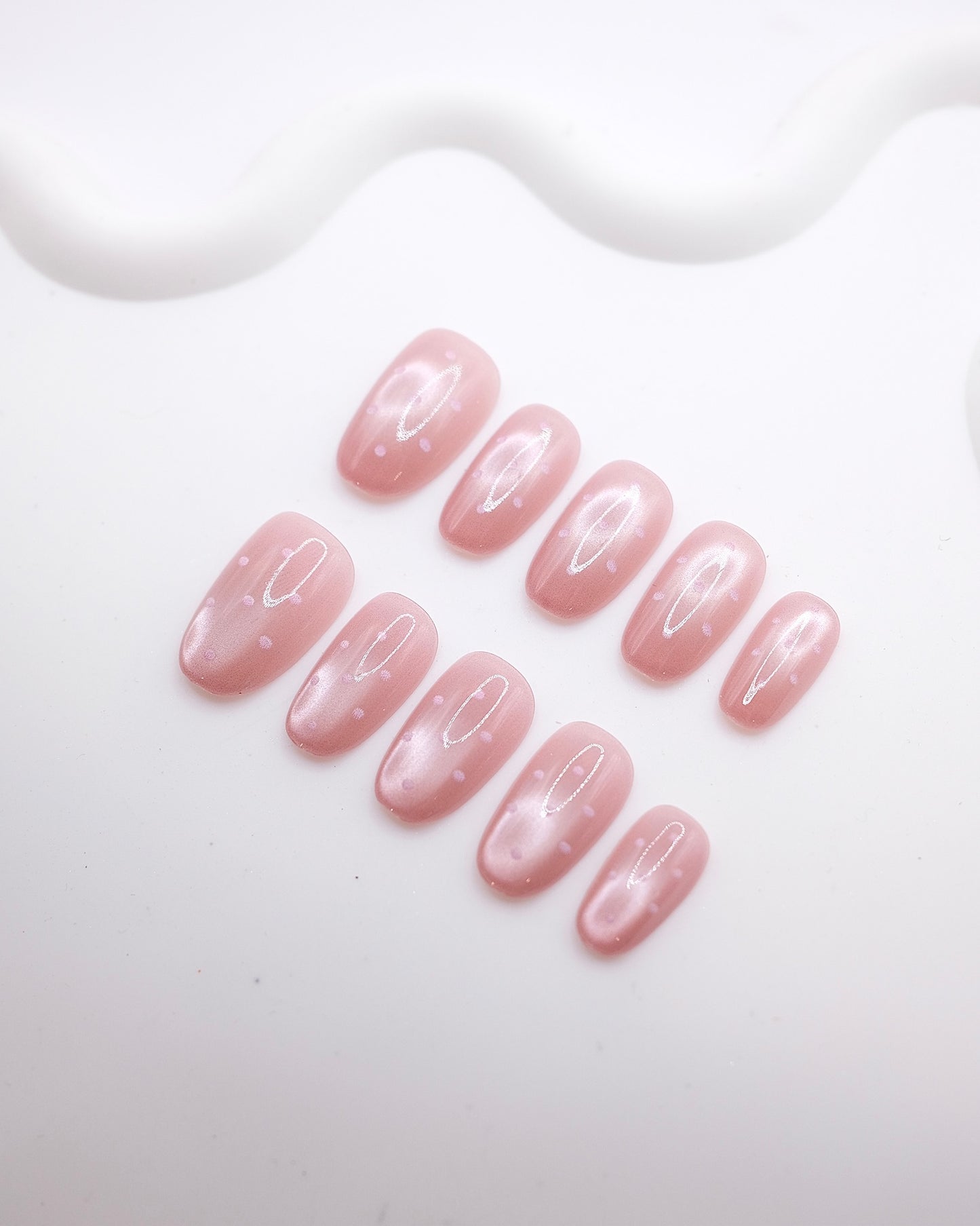 Mid-Long Oval Pink Pearl Polka Dot Press On Nails
