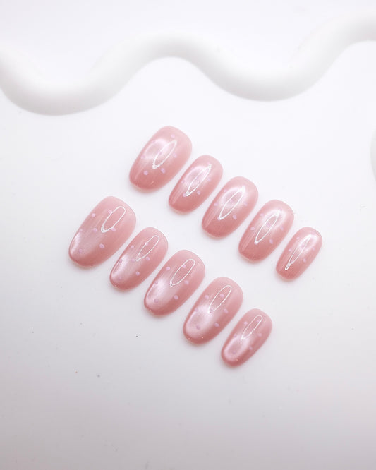 Mid-Long Oval Pink Pearl Polka Dot Press On Nails
