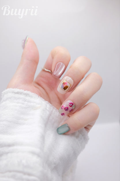 Short Coffin Cateye Pink & Light Blue Press On Nails