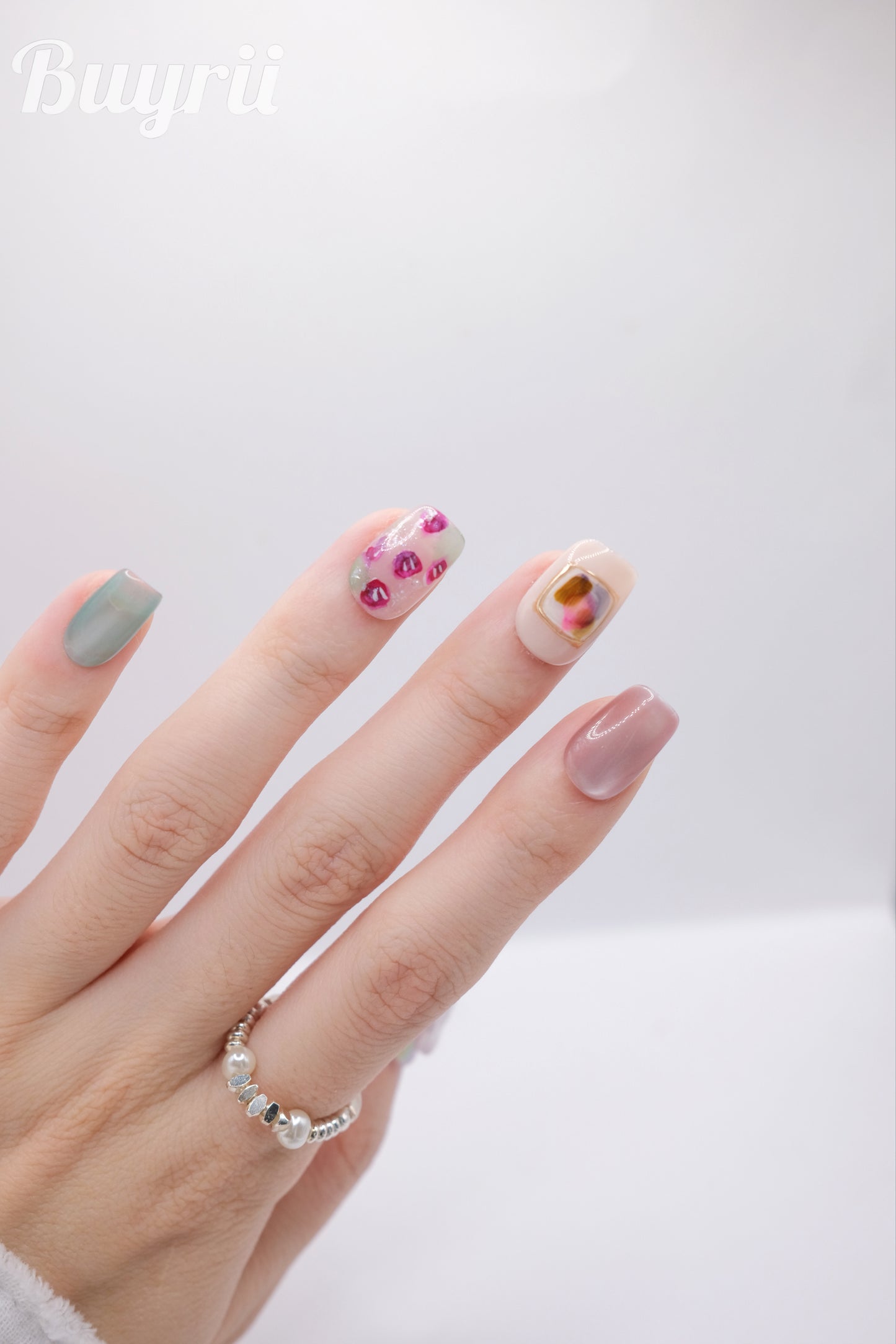 Short Coffin Cateye Pink & Light Blue Press On Nails