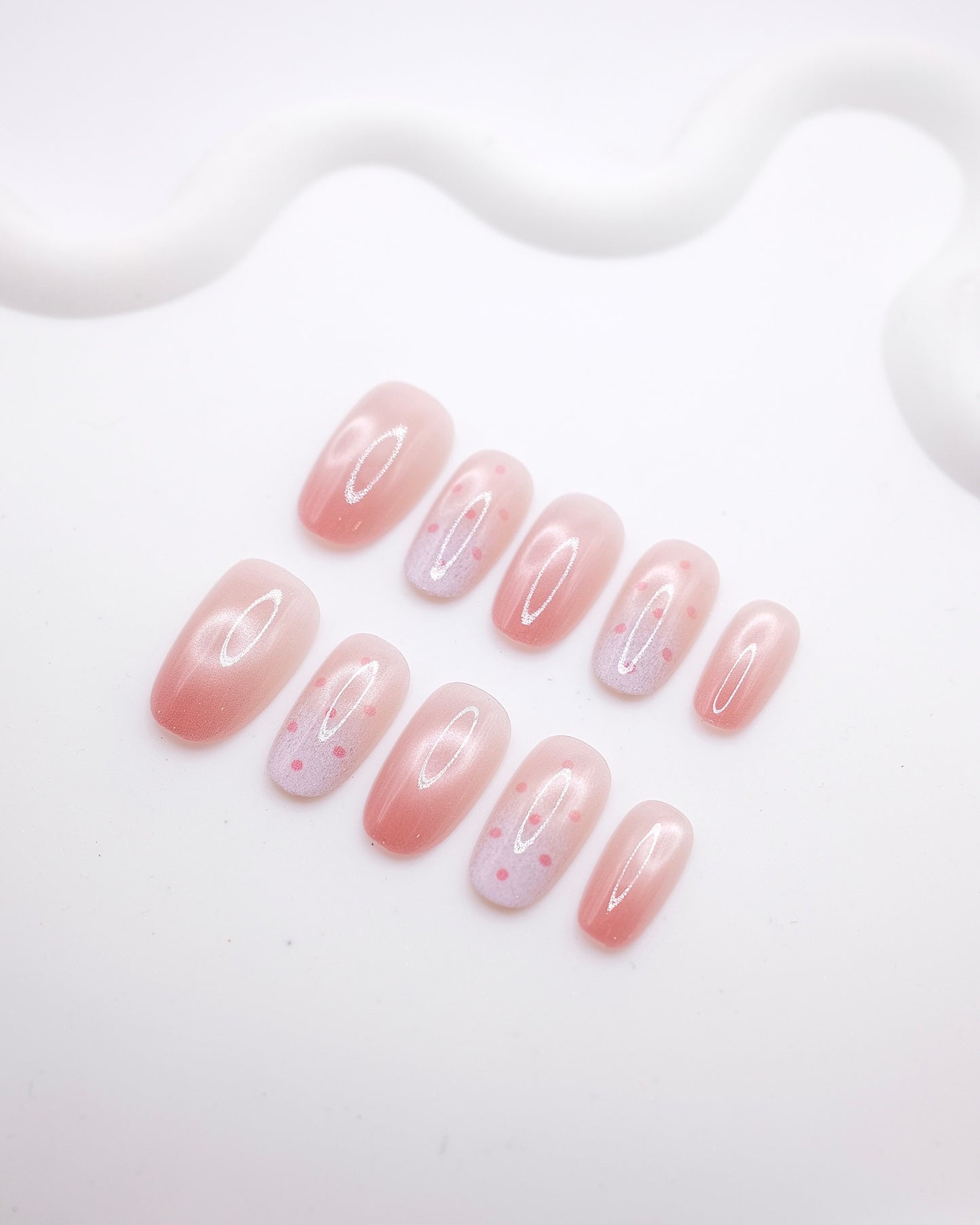 Mid-Long Oval Pink Ombre Polka Dot Press On Nails