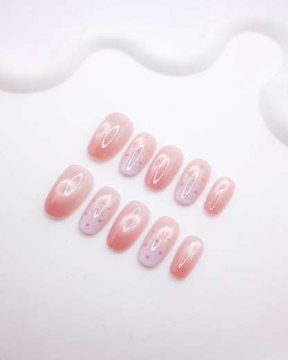 Mid-Long Oval Pink Ombre Polka Dot Press On Nails