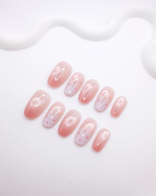 Mid-Long Oval Pink Ombre Polka Dot Press On Nails
