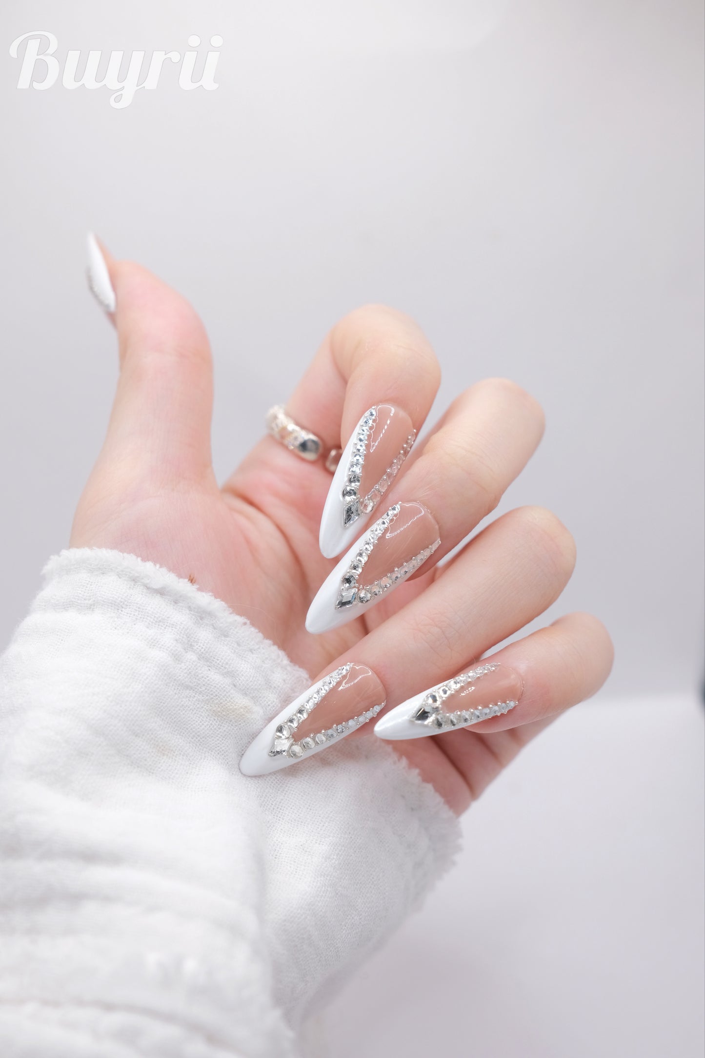 Long Almond Nude Color & White Arounded Diamond Press On Nails