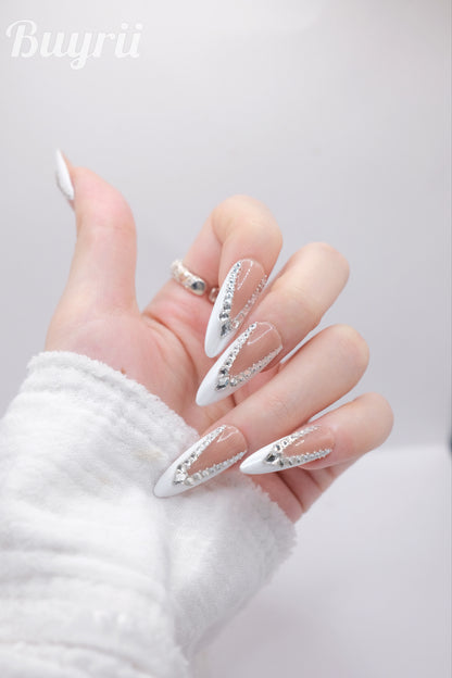 Long Almond Nude Color & White Arounded Diamond Press On Nails