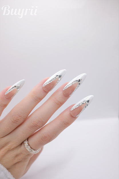 Long Almond Nude Color & White Arounded Diamond Press On Nails