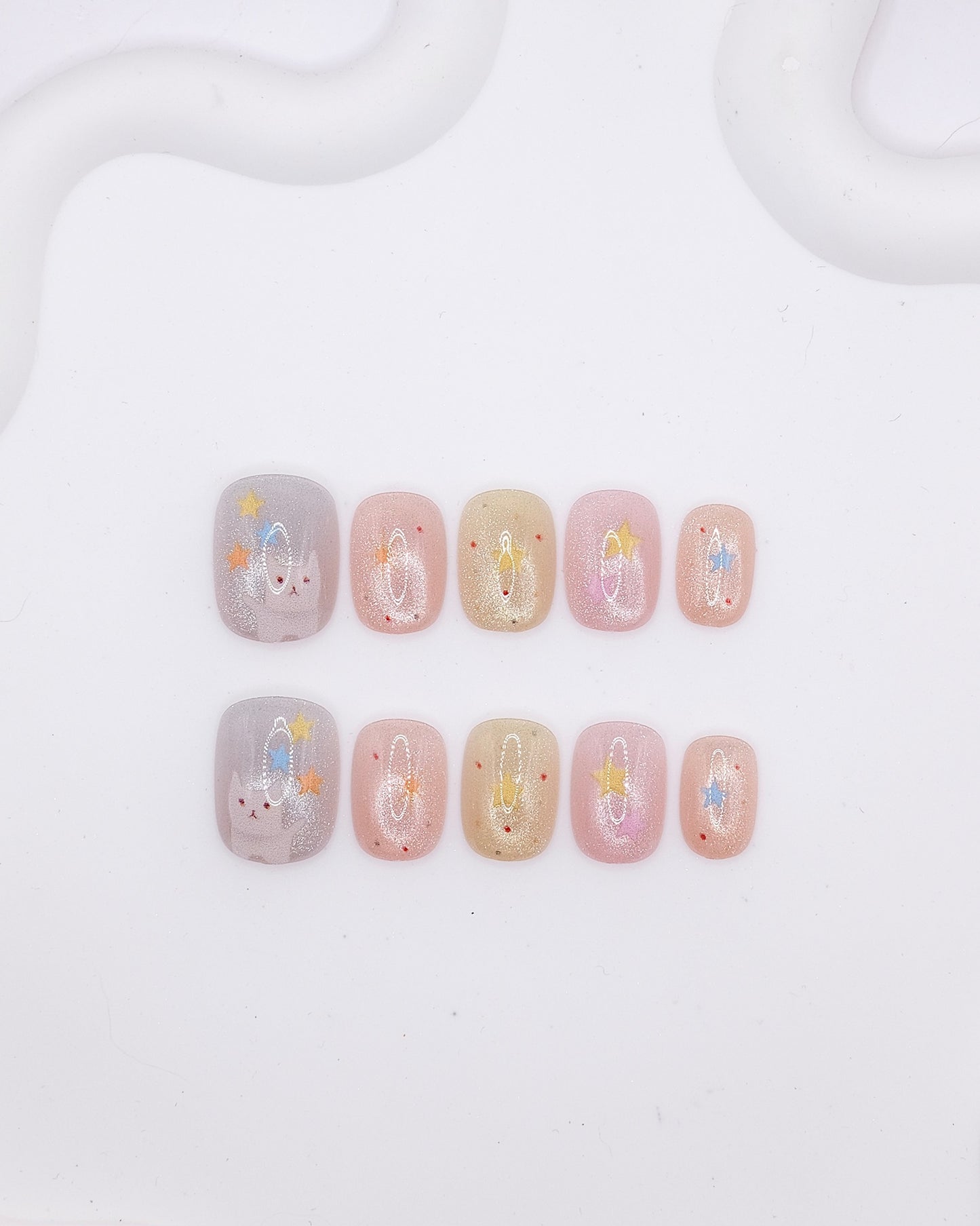 Short Rounded Pastel Glitter Cat Star Press On Nails