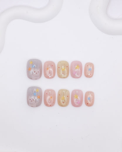 Short Rounded Pastel Glitter Cat Star Press On Nails