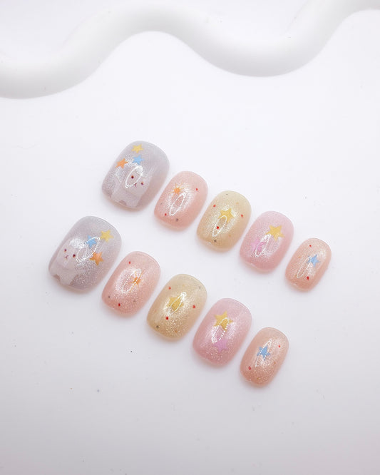 Short Rounded Pastel Glitter Cat Star Press On Nails