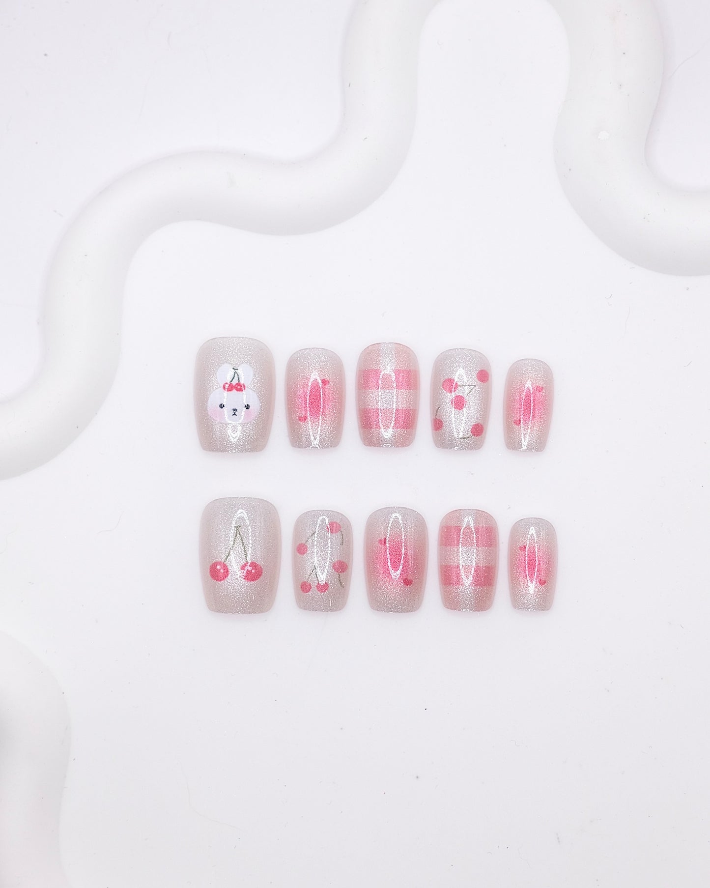 Short Rounded Silver Glitter Bunny Cherry Gingham Press On Nails
