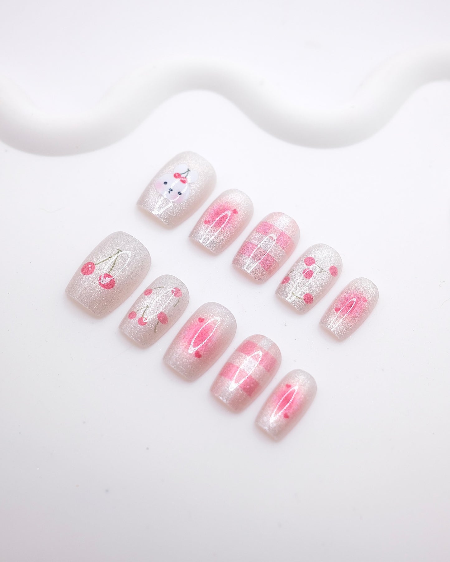 Short Rounded Silver Glitter Bunny Cherry Gingham Press On Nails