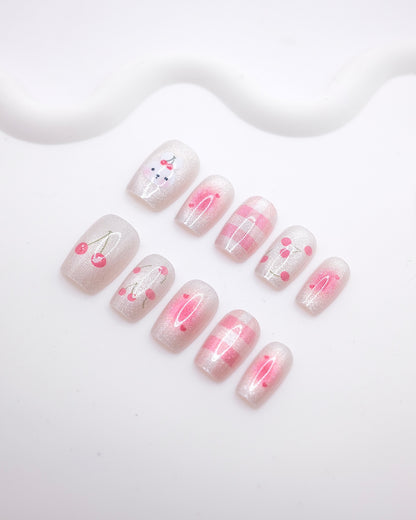 Short Rounded Silver Glitter Bunny Cherry Gingham Press On Nails