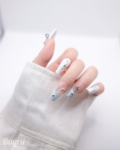 Long Coffin Blue & White 3D Saturn With Love Heart Press On Nails