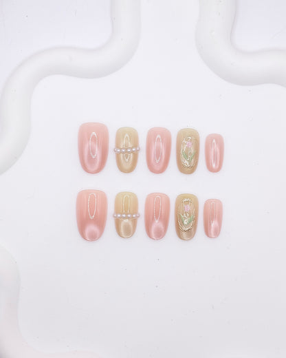 Mid-Long Oval 3D Pink Gold Pearl Tulip Press On Nails