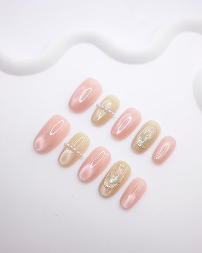 Mid-Long Oval 3D Pink Gold Pearl Tulip Press On Nails