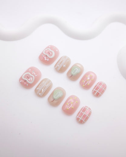 Short Rounded 3D Pink Fruit Plaid Press On Nails