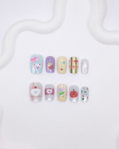 Short Rounded 3D Pastel Plaid Bear Cat Press On Nails