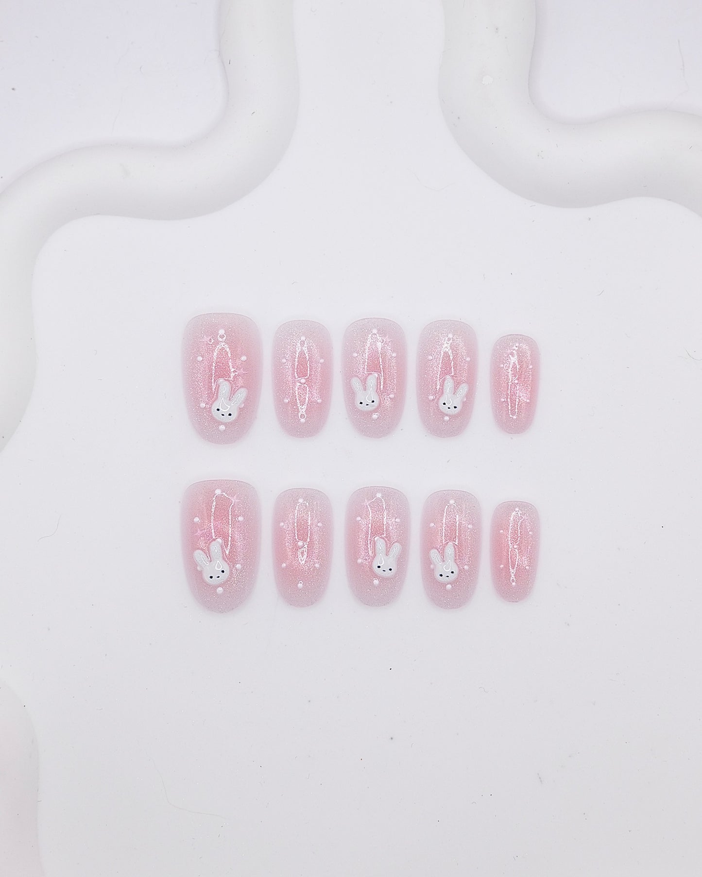Mid-Long Oval 3D Pink Glitter Bunny Press On Nails
