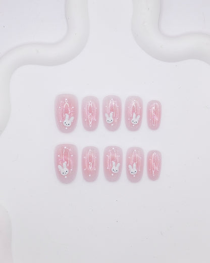 Mid-Long Oval 3D Pink Glitter Bunny Press On Nails