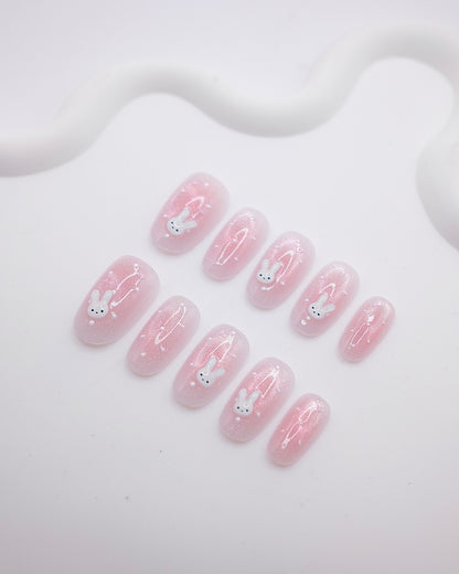 Mid-Long Oval 3D Pink Glitter Bunny Press On Nails