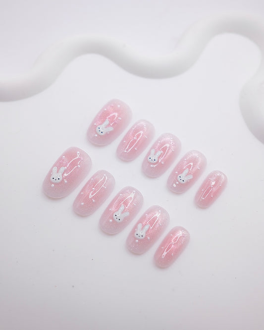 Mid-Long Oval 3D Pink Glitter Bunny Press On Nails