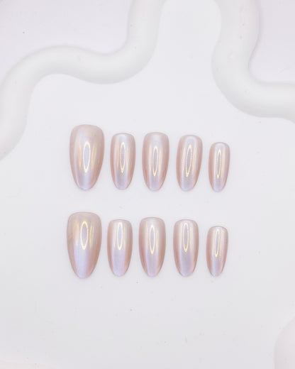 Long Almond Nude Pearl Aurora Chrome Press On Nails