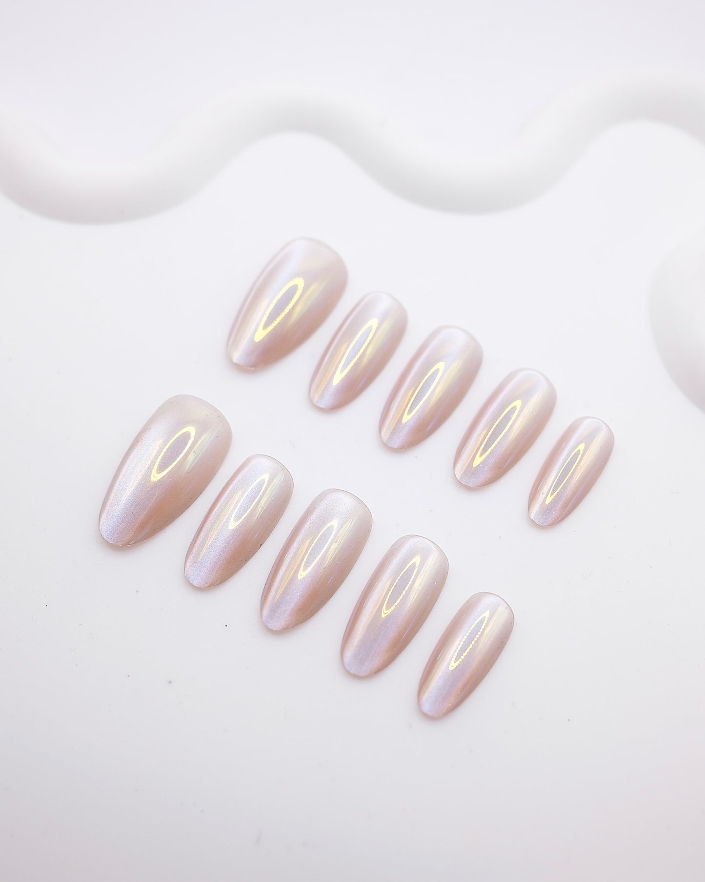Long Almond Nude Pearl Aurora Chrome Press On Nails