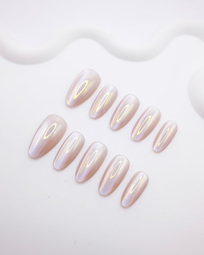 Long Almond Nude Pearl Aurora Chrome Press On Nails