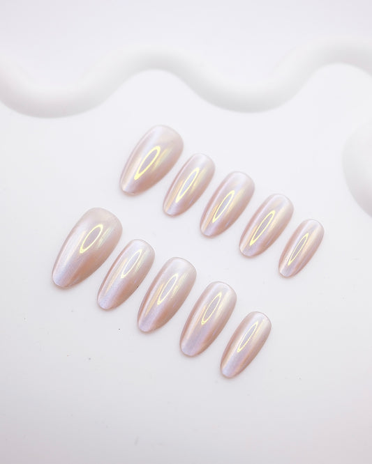 Long Almond Nude Pearl Aurora Chrome Press On Nails
