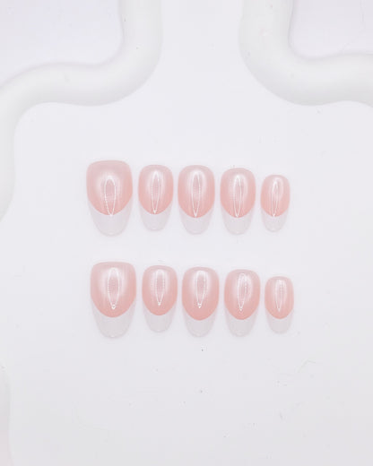 Mid-Long Almond Pink White French Press On Nails