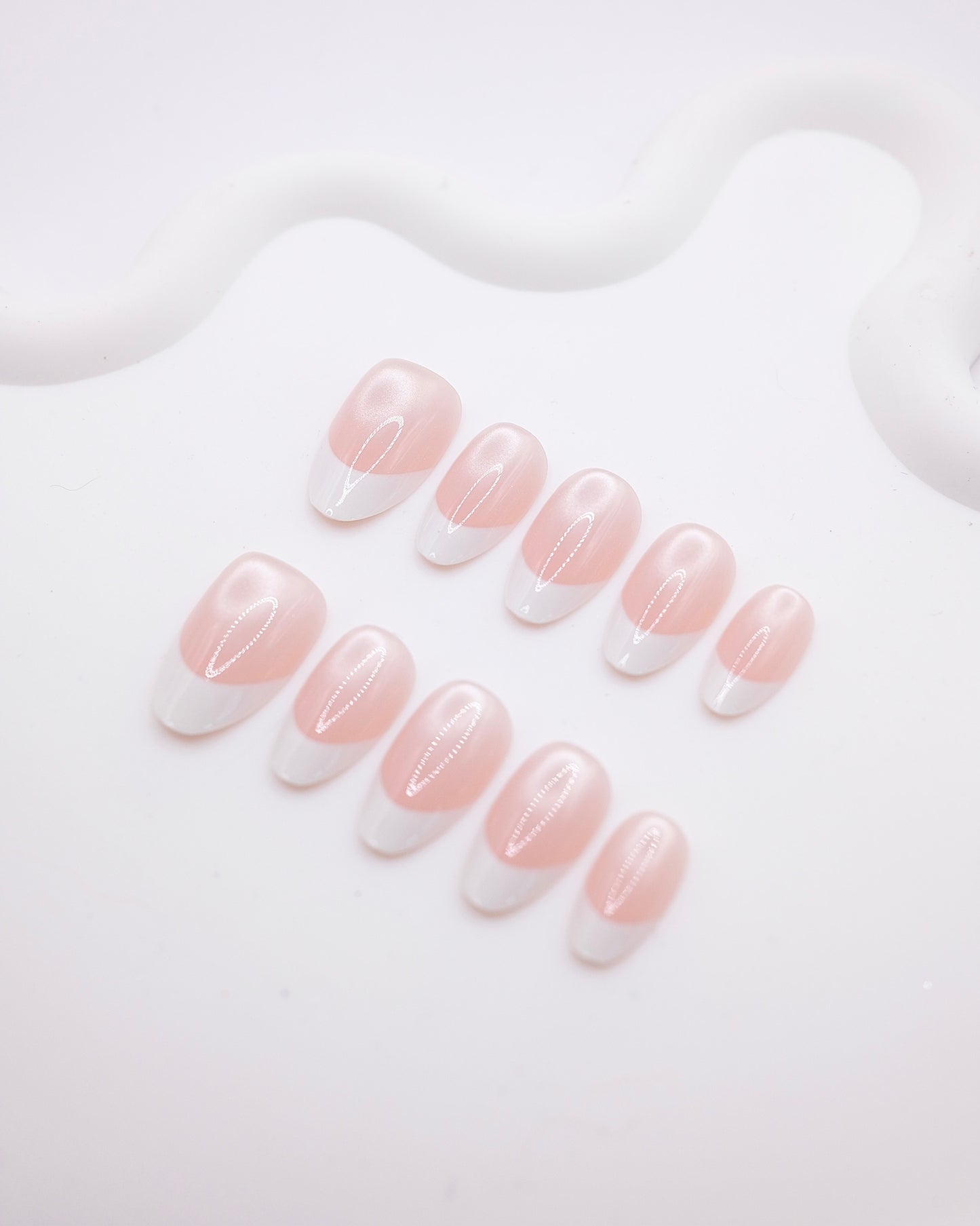 Mid-Long Almond Pink White French Press On Nails