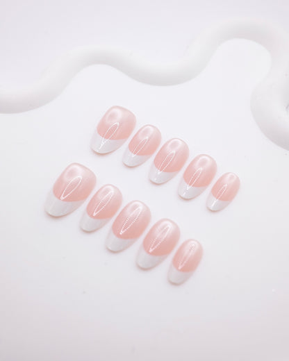 Mid-Long Almond Pink White French Press On Nails