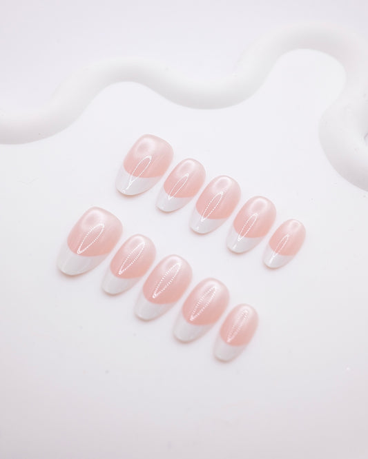 Mid-Long Almond Pink White French Press On Nails