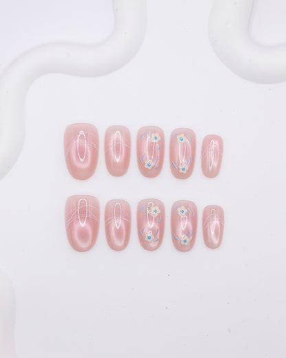 Mid-Long Oval 3D Pink Cat Eye Daisy Press On Nails
