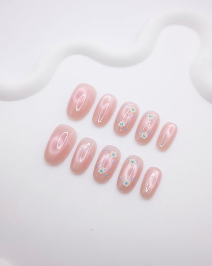 Mid-Long Oval 3D Pink Cat Eye Daisy Press On Nails
