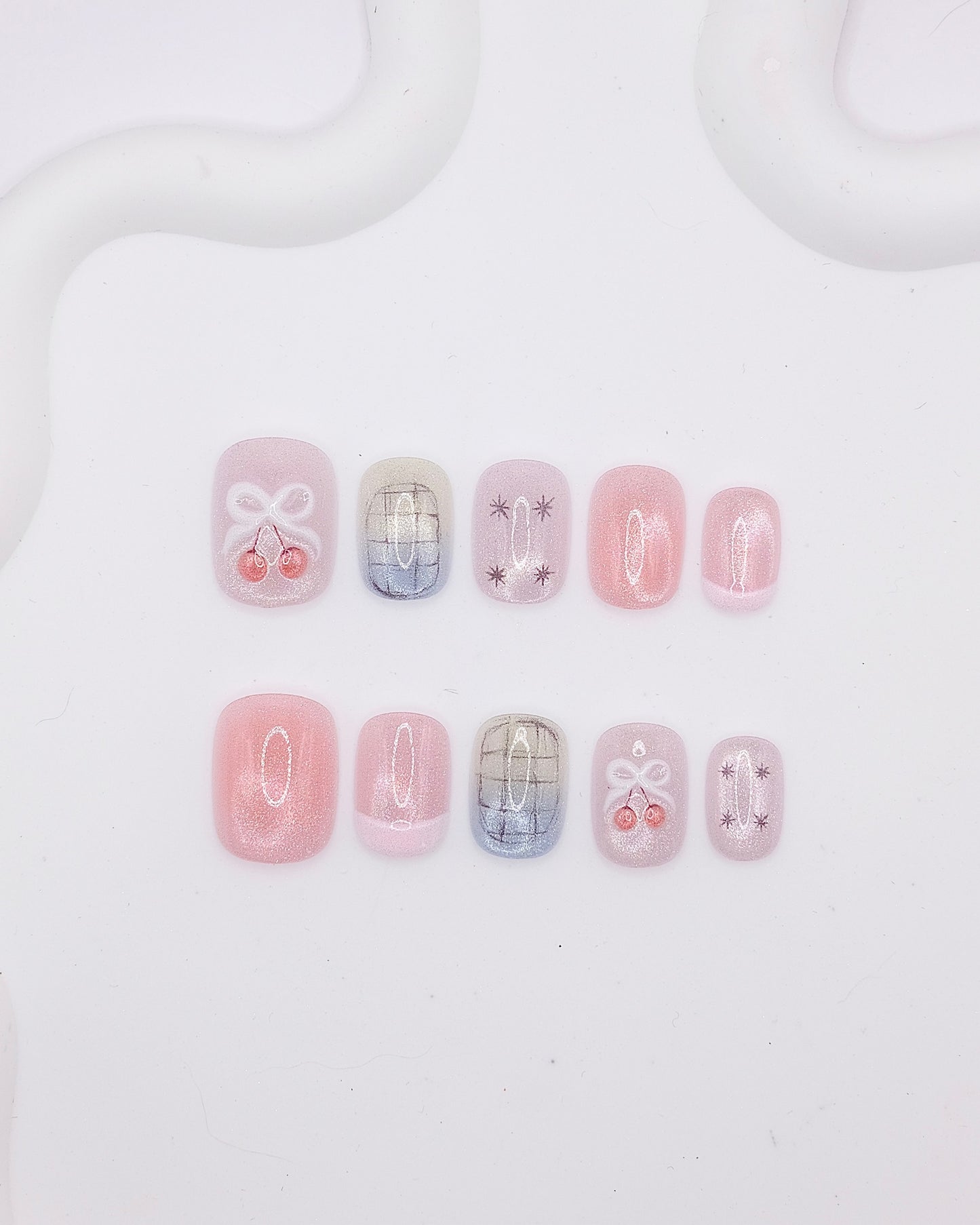 Short Rounded 3D Pink Glitter Cherry Bow Press On Nails