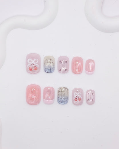 Short Rounded 3D Pink Glitter Cherry Bow Press On Nails